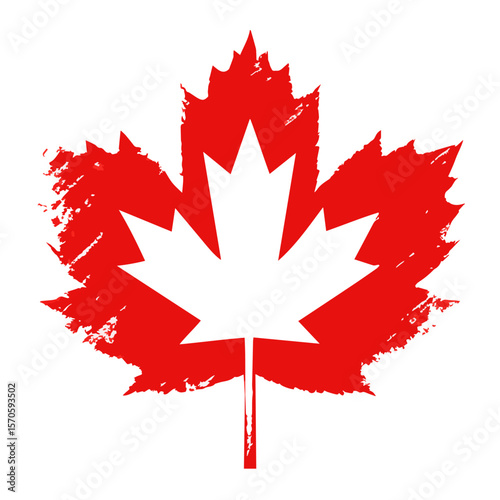 Maple Leaf Icon: A bold and minimalist distressed illustration of a red maple leaf, an iconic symbol of Canada, set against clean backdrop.