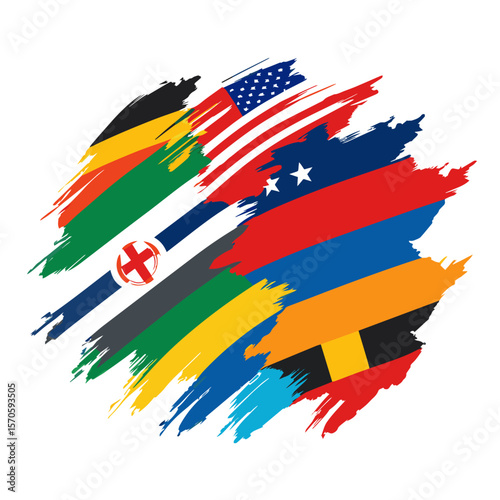 Flags of Unity: An abstract illustration symbolizing global unity, blending various national flags in a vibrant brushstroke design on a clean background.