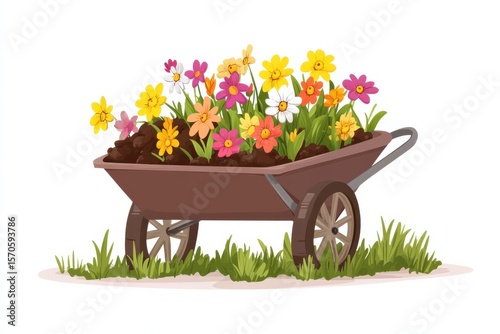 Wheelbarrow of Flowers Blooming Beauty Springtime Garden Floral Abundance Joyful on white background. Generative AI