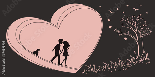 Valentine's Day card with a tree that has hearts instead of leaves, called a love tree in dark pink   black background vector illustration.
