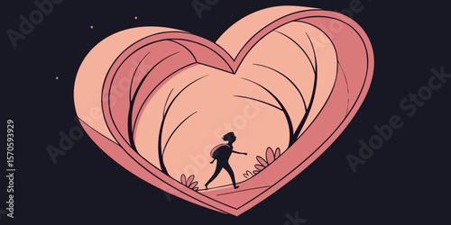 Valentine's Day card with a tree that has hearts instead of leaves, called a love tree in dark pink   black background vector illustration.
