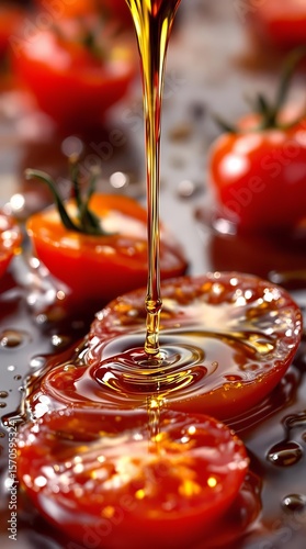 Olive oil dripping onto ripe cherry tomatoes