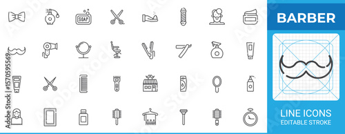 Barber line outline icon set