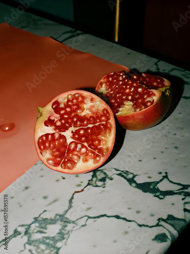 Sliced ​​pomegranate with juicy ruby ​​seeds, drops of juice on marble surface
