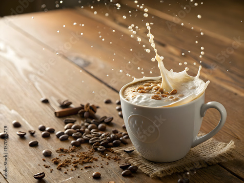  Cup of latte with foam and coffee splashes on wooden table, coffee beans nearby