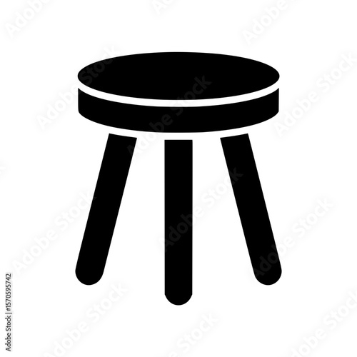 Simple black graphic of a wooden stool with three legs and circular seat in silhouette style