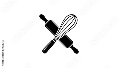 Simple black silhouette of crossed whisk and rolling pin