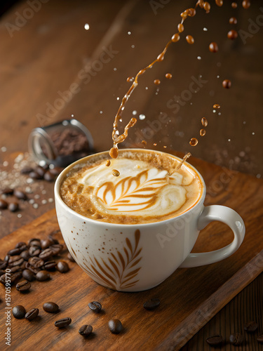  Cup of latte with foam and coffee splashes on wooden table, coffee beans nearby