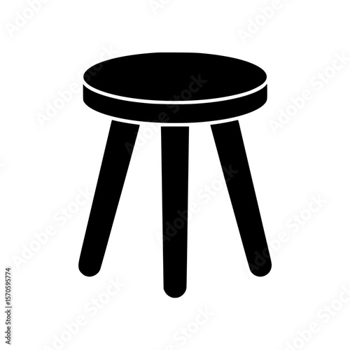 Minimalist black silhouette of a three legged wooden stool with round seat