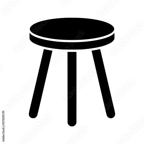 Minimalist black silhouette of a three legged wooden stool with round seat