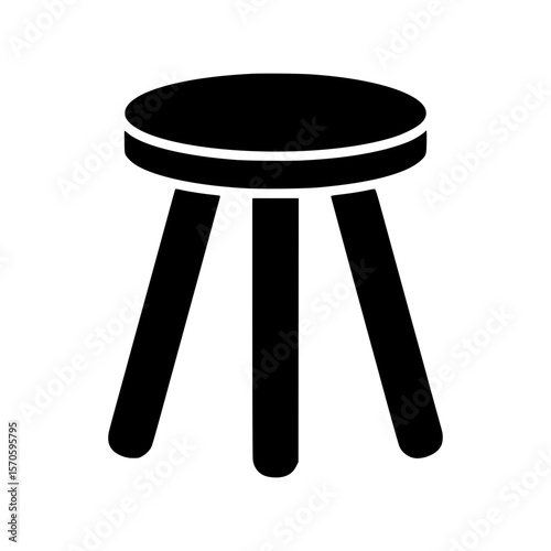 Simple black graphic of a wooden stool with three legs and circular seat in silhouette style