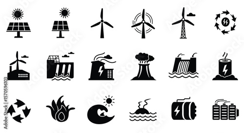Renewable Energy Sources Icons Solar, Wind, Hydro, Geothermal & More