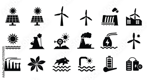 Renewable Energy Icons Solar, Wind, Hydro, Geothermal Power Sources