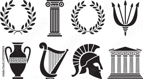 Classic Greek Mythology Solid Icons: Column, Laurel, Lyre & Helmet