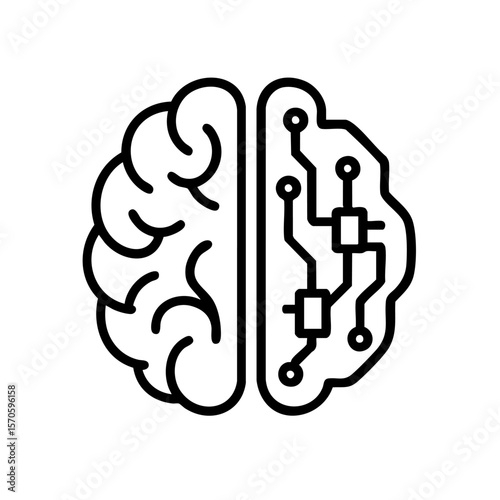 Minimalist black and white illustration of a brain divided into two halves: one organic, one made of circuitry, representing artificial intelligence and human cognition.