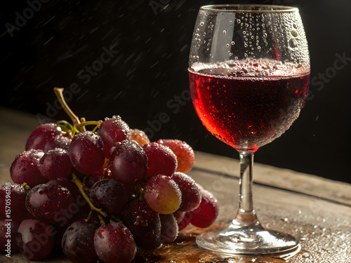 Glass of red wine with drops on glass, bunch of grapes nearby, velvety textures