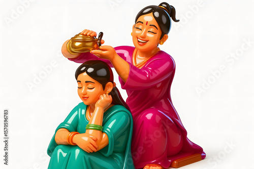 Traditional Indian Mother Applying Hair Oil on Daughter: 3D Cartoon Caricature