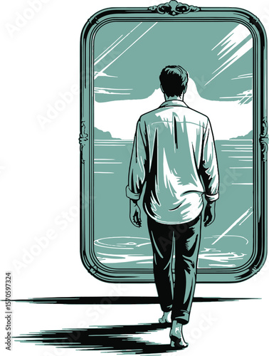 Man gazes into ornate mirror reflecting ocean landscape walking reflection vector