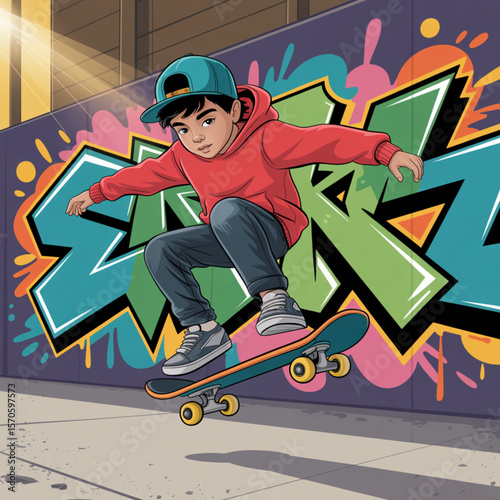 Skateboarding Boy Performing Trick Over Graffiti Wall 