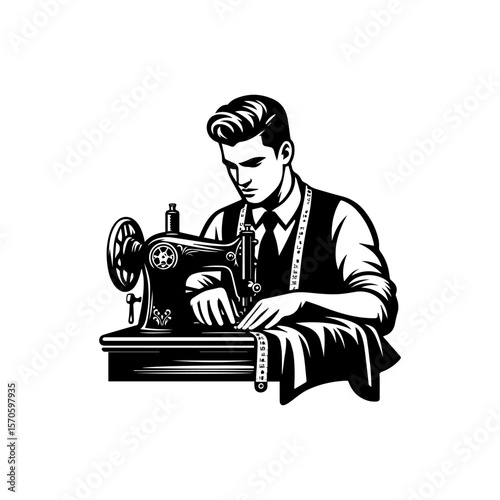 Vintage illustration of a tailor operating a sewing machine.