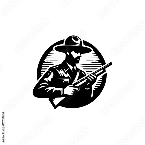 A bearded ranger, in uniform and wide-brimmed hat, holds a shotgun, depicted in a vintage woodcut style.