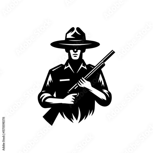 A stern game warden, in uniform and hat, stands holding a shotgun.