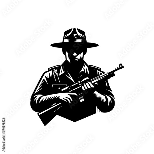 Silhouette of a uniformed figure, holding a rifle, in a stern pose.