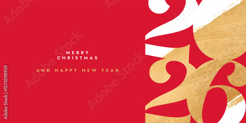 Merry Christmas and Happy New Year 2026 greeting card, poster, web banner, holiday cover. Xmas template in art style with gorgeous number 2026 design in gold white and red colors for ads, promo, print
