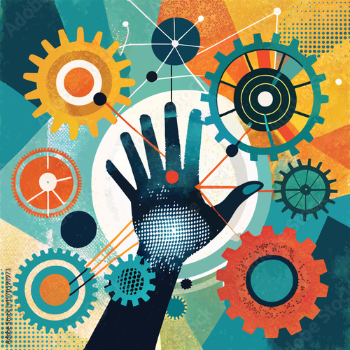 Human hand connected to gears and network of connections silhouette