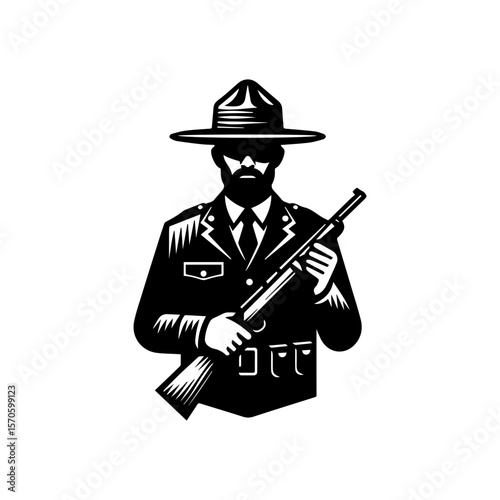 A stern-faced park ranger, bearded and in uniform, stands holding a rifle.