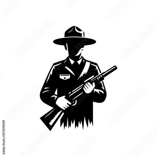 A silhouetted park ranger stands proudly, rifle held ready, embodying protection and duty.