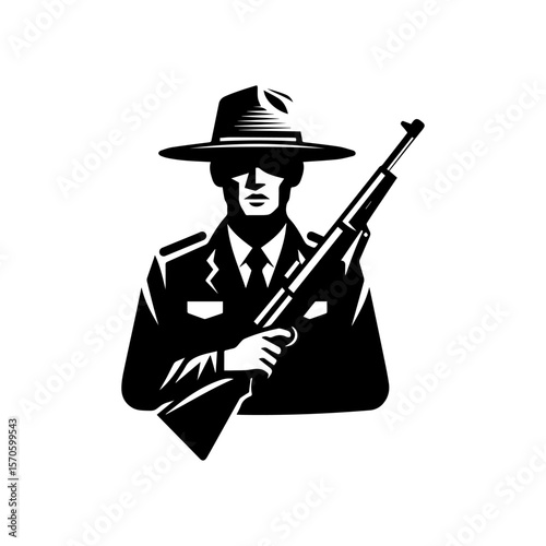 A stern-faced soldier, in uniform and hat, holds a rifle.