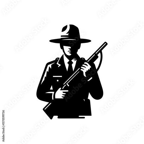 A stern game warden stands vigilant, rifle held ready, in a classic monochrome illustration.