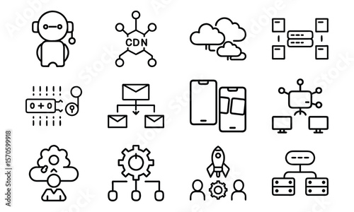 Modern technology and business icons depicting cloud computing and digital communication services