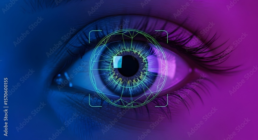 Fototapeta premium Close-up of a futuristic human eye being scanned by a digital interface, representing concepts of biometric recognition, data security, artificial intelligence, and the future of technology.