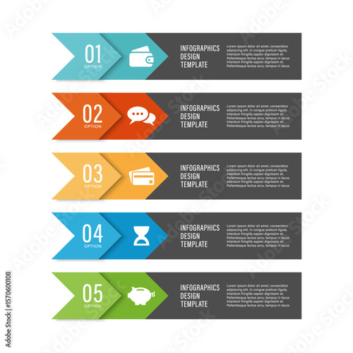 Arrows vertical infographic template with icons. Five steps or options vector infographic design
