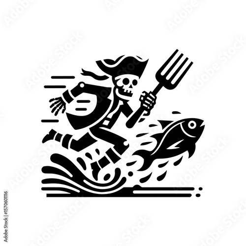 A skeletal pirate figure chases a fish with a pitchfork, running through water.