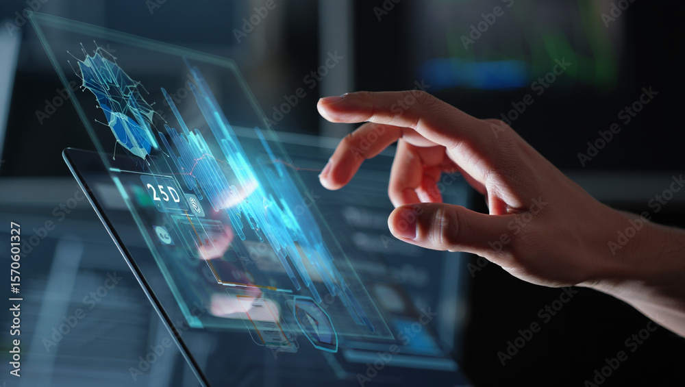 Fototapeta premium Corporate Executive Interacting with Advanced Hologram Interface for Business Intelligence, Analytics, and Strategy Planning
