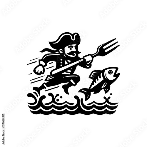 Pirate chef running on water, chasing a fish with a large fork in a black and white illustration.
