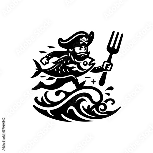 A cartoon pirate character running on a fish, holding a fork.