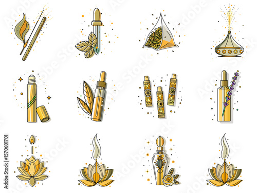Aromatherapy essential oils and herbs icon set for wellness blogs, presentations, and health awareness