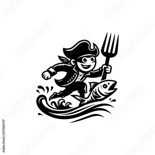 A cartoon pirate character running on waves, holding a fork, riding a fish.
