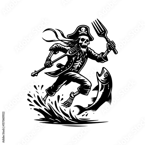 A pirate skeleton, wielding a trident and fork, sprints across water in pursuit of a large fish.