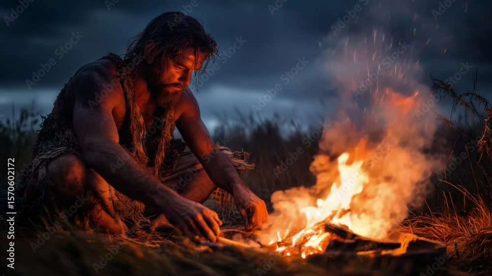 Witness a captivating scene of survival in the wild. A lone individual manages a fire under a dramatic sky. Ideal for themes of survival, nature, and solitude. Generative AI