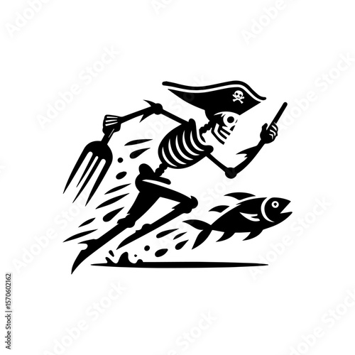 A running pirate skeleton wielding a trident chases a fish.
