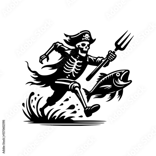A skeletal pirate runs with a trident, chasing a fish, creating a splash.
