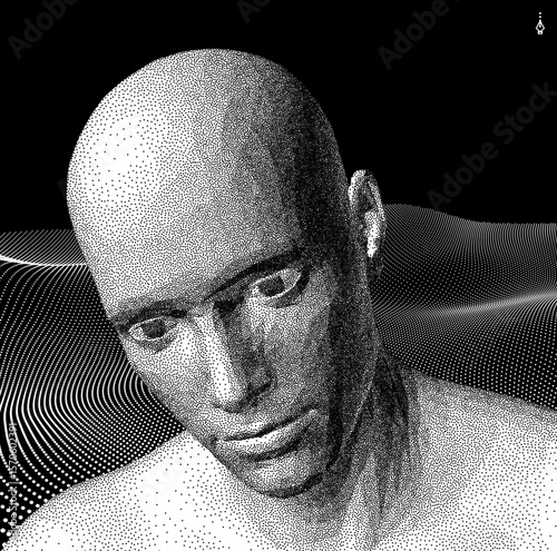 Abstract man head made from dots. Futuristic technology style. Texture with particles. Landscape background. Cyberspace grid. Cover design template. Vector for banner, flyer, poster or brochure.
