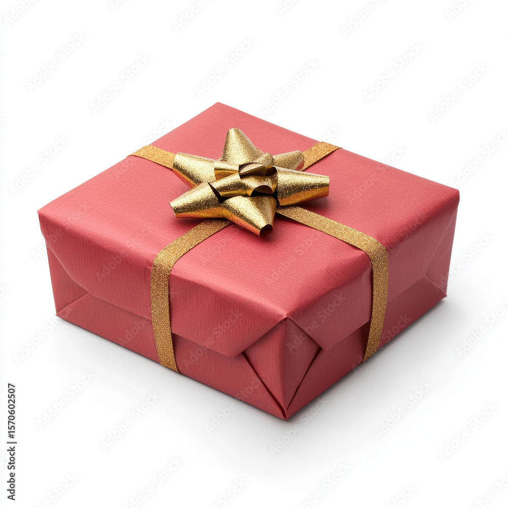 Fototapeta premium Festive red gift box wrapped with gold ribbon and bow, perfect for Christmas or special occasions, evoking joy and celebration