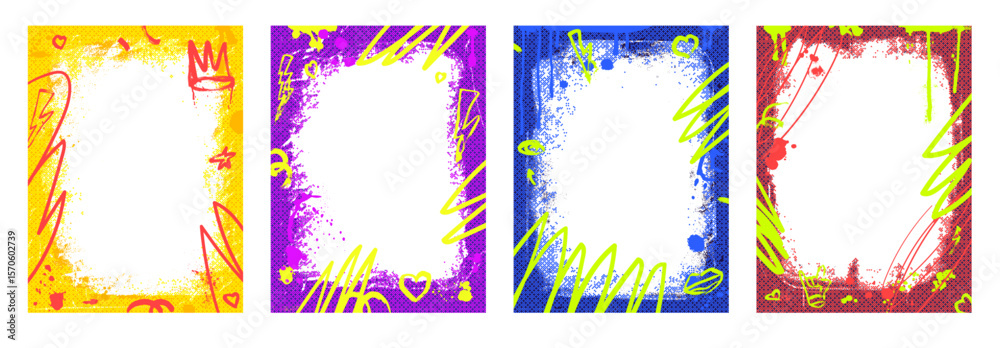 Grunge colorful frames template with scribbles and aerosol paint. Graffiti spray art layout backgrounds set. Borders with airbrush lines. Halftone decor for photo. Retro posters. Vector hip hop cadre.
