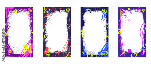 Grunge paint spray text boxes frames set with doodle crown, hearts. Graffiti callout templates with airbrush scribble lines, specks. Retro texture posters overlay. Vector urban wall illustration.
